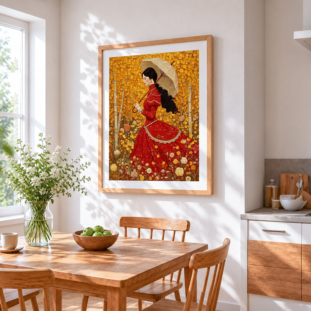 Victorian lady in red dress cross stitch artwork displayed on wall as home decor