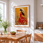 Victorian lady in red dress cross stitch artwork displayed on wall as home decor