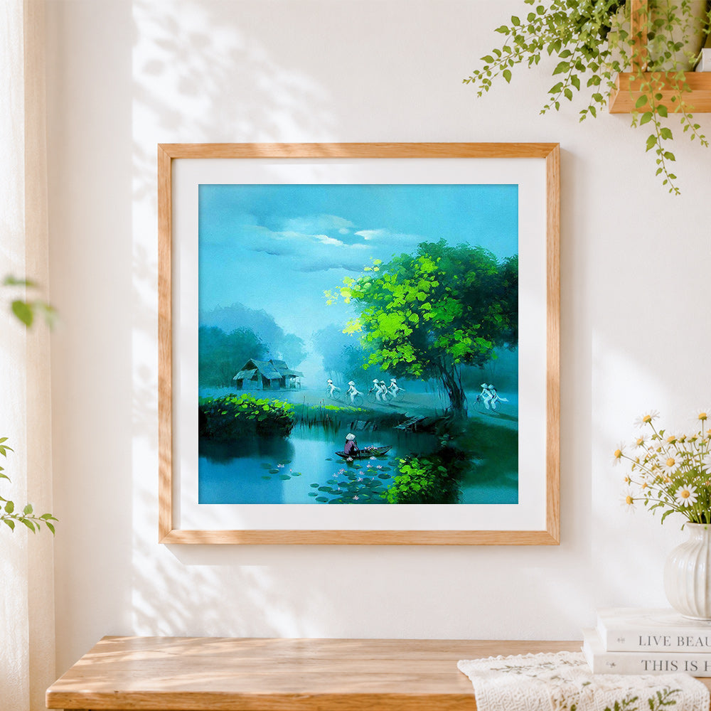 Finished vietnamese water village cross stitch artwork displayed