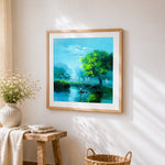 Vietnamese water village cross stitch artwork displayed on wall as home decor