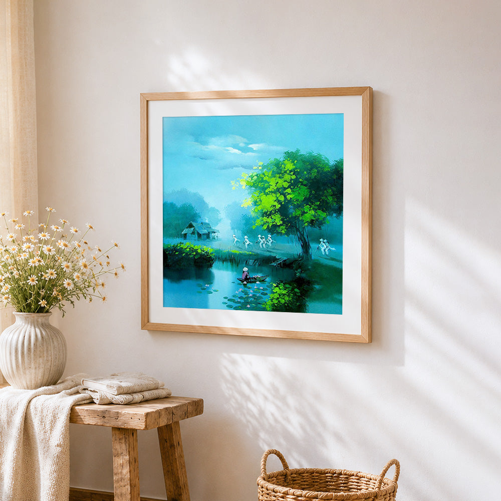 Vietnamese water village cross stitch artwork displayed on wall as home decor