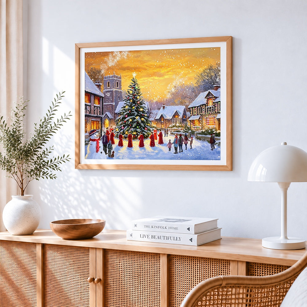 Village carol singers and christmas tree cross stitch artwork displayed on wall as home decor
