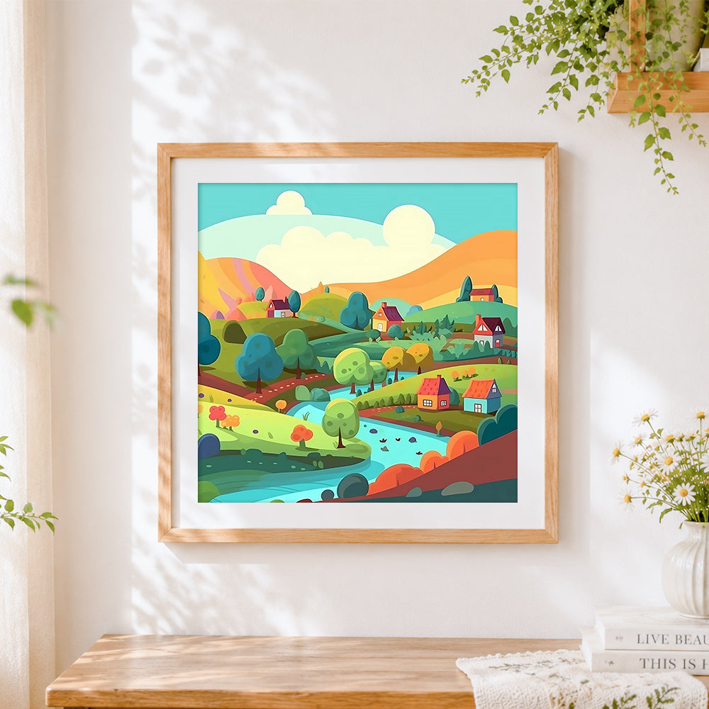 Finished village in the spring hills cross stitch artwork displayed