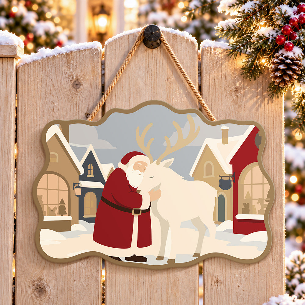 Village santa embrace paint by numbers door hanger on a garden gate
