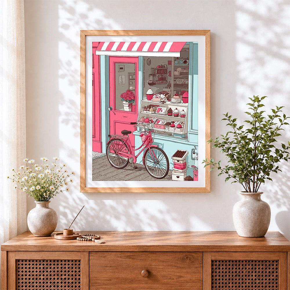 Finished vintage bicycle and pink bakery cross stitch artwork displayed