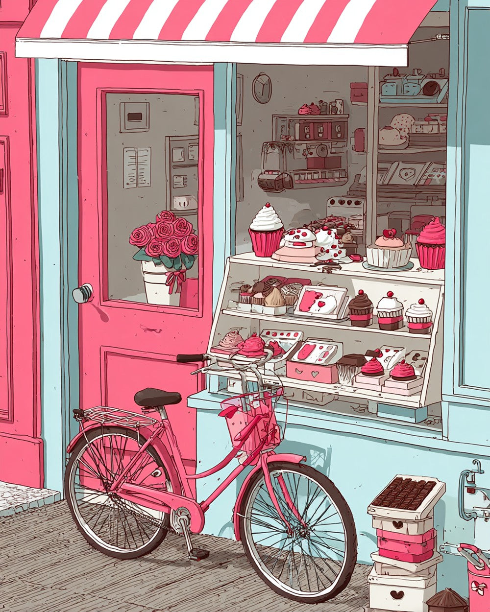 Vintage bicycle and pink bakery cross stitch kit for beginners