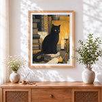 Finished vintage black cat in library cross stitch artwork displayed