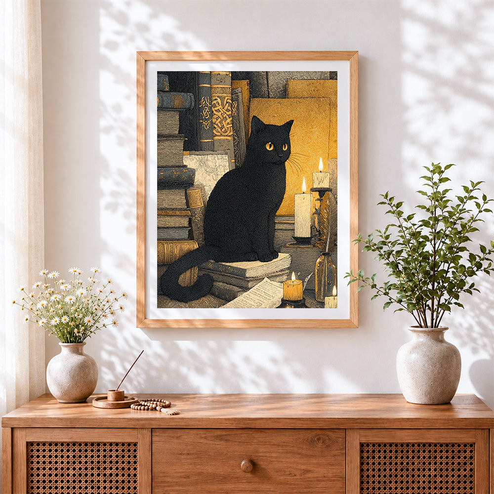 Finished vintage black cat in library cross stitch artwork displayed