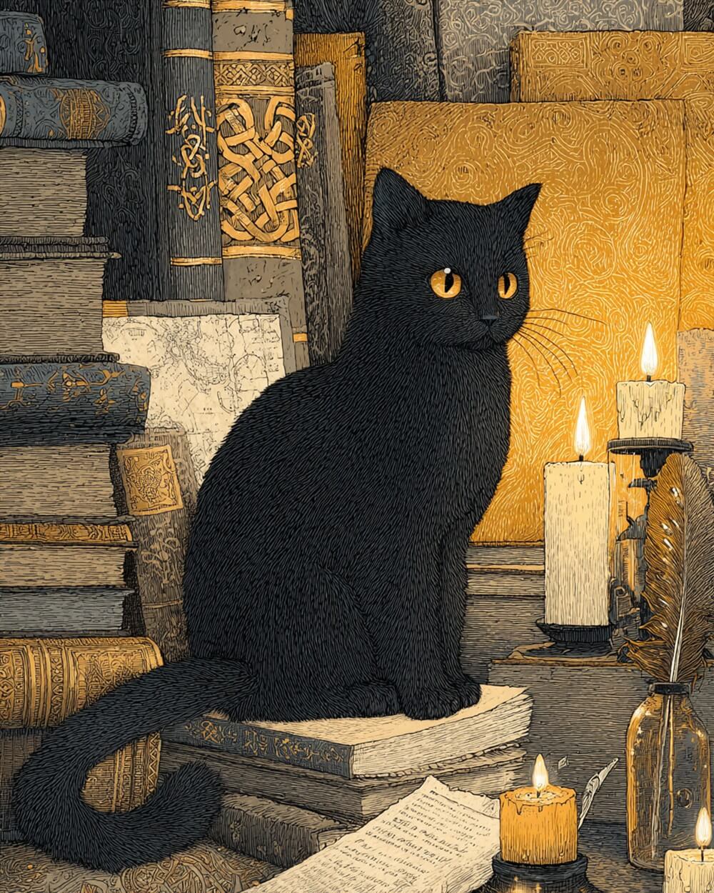 Vintage black cat in library cross stitch kit for beginners