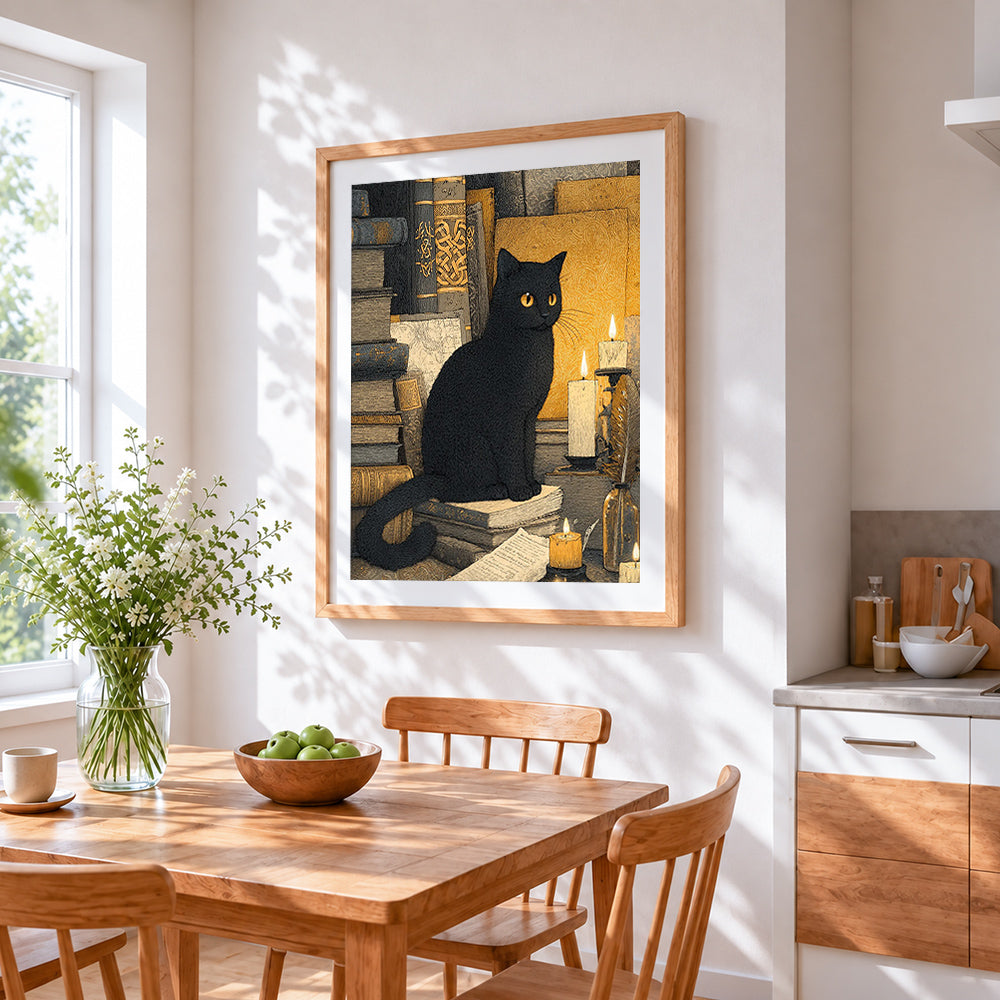 Vintage black cat in library cross stitch artwork displayed on wall as home decor