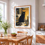 Vintage black cat in library cross stitch artwork displayed on wall as home decor