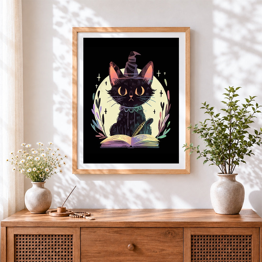 Finished vintage black cat with a book cross stitch artwork displayed