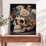 Finished vintage bloom skull pearl diamond painting artwork displayed as home decor