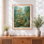 Finished vintage botanical illustration cross stitch artwork displayed