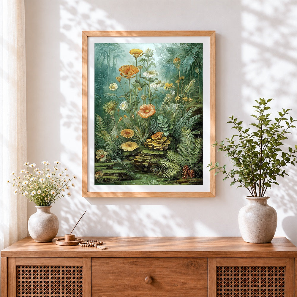 Finished vintage botanical illustration cross stitch artwork displayed