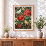 Finished vintage botanical print with red peonies and birds cross stitch artwork displayed