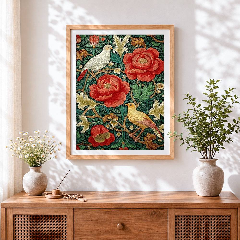 Finished vintage botanical print with red peonies and birds cross stitch artwork displayed
