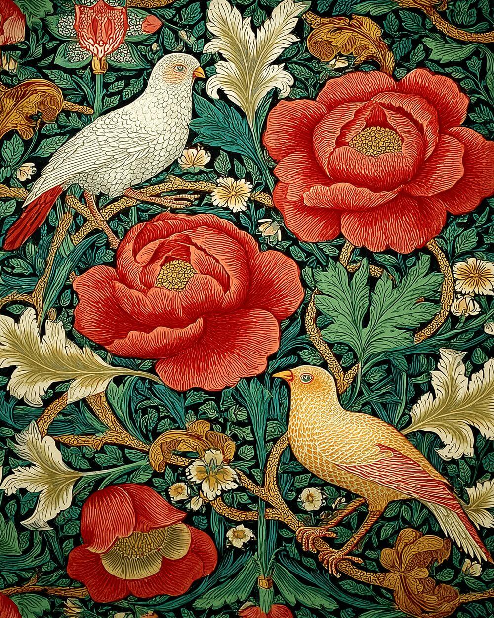 Vintage botanical print with red peonies and birds cross stitch kit for beginners