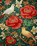 Vintage botanical print with red peonies and birds cross stitch kit for beginners
