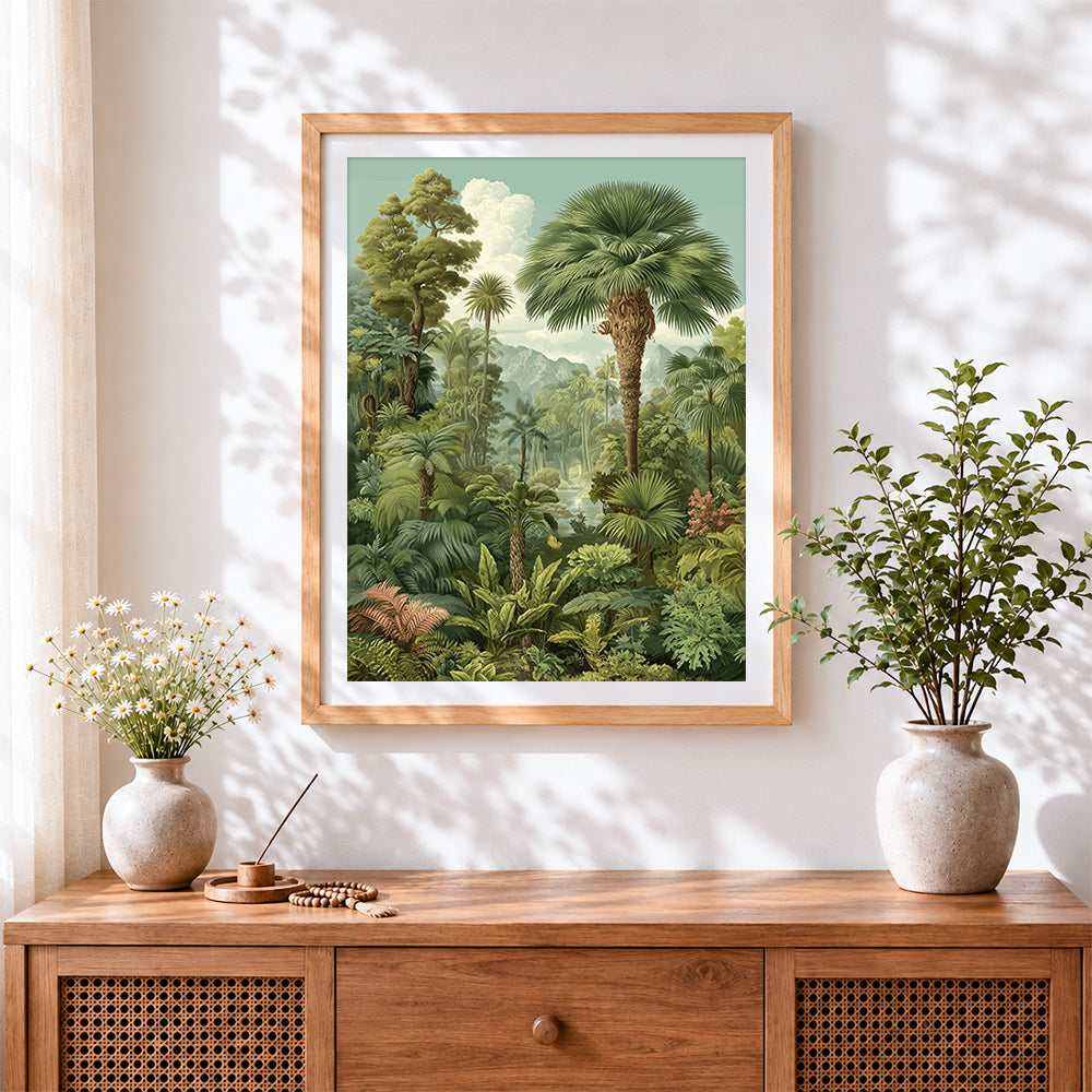 Finished vintage botanical tropical jungle cross stitch artwork displayed