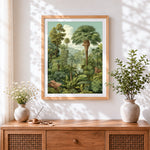 Finished vintage botanical tropical jungle cross stitch artwork displayed