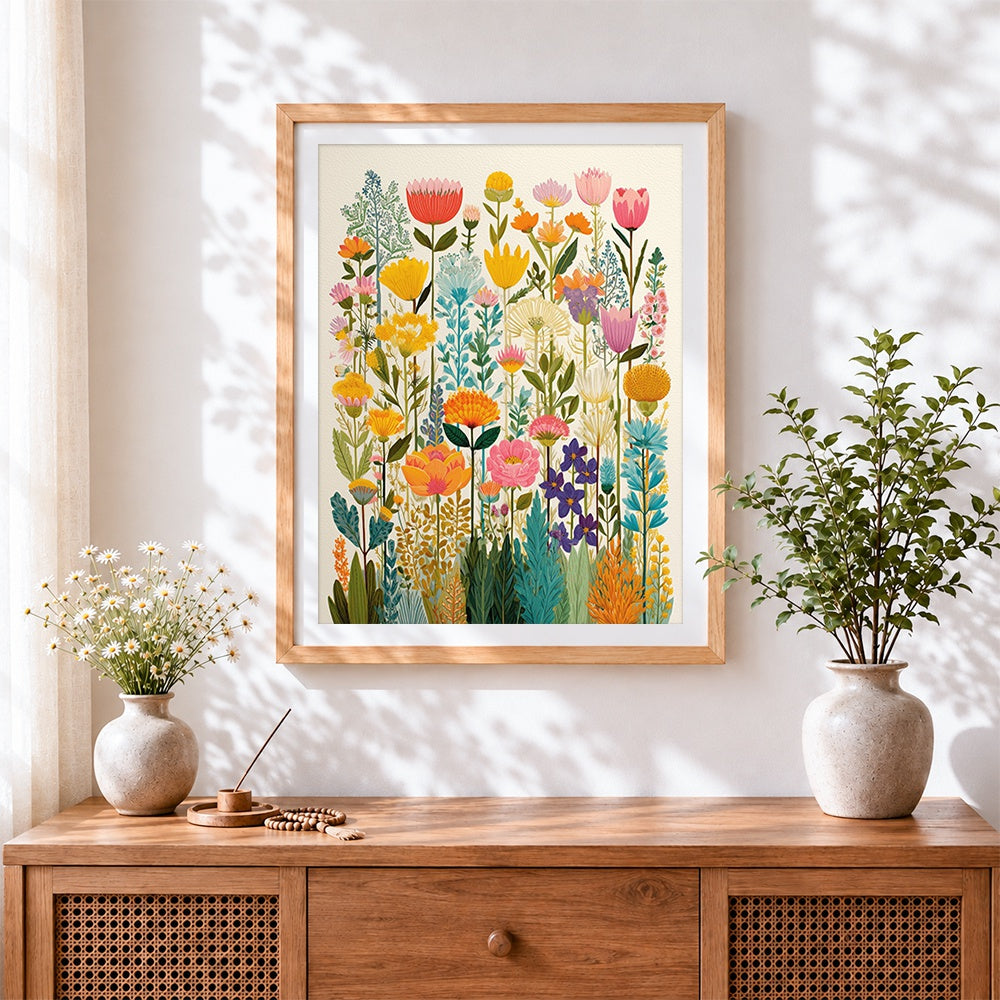 Finished vintage botanical wildflowers cross stitch artwork displayed
