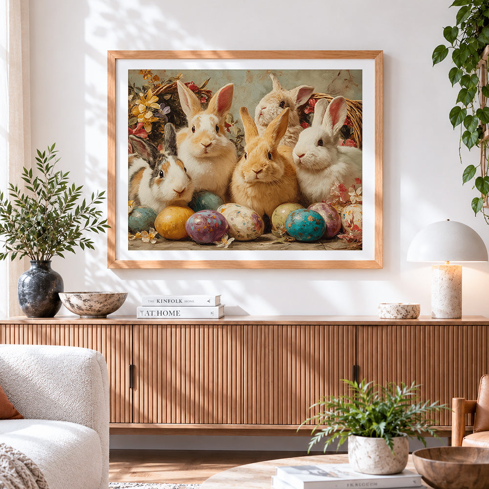 Finished vintage bunnies with easter eggs cross stitch artwork displayed