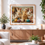 Finished vintage bunnies with easter eggs cross stitch artwork displayed