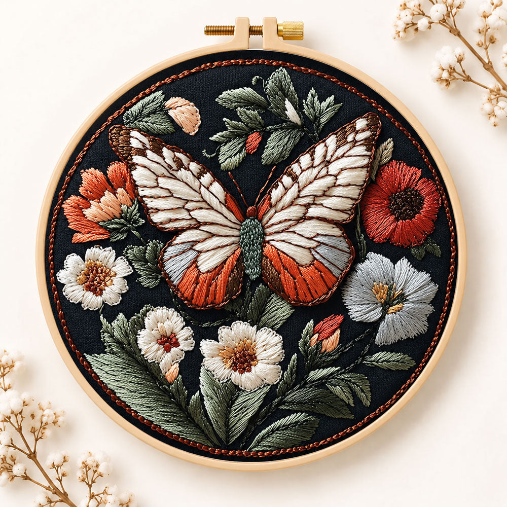 Vintage butterfly and poppies embroidery kit