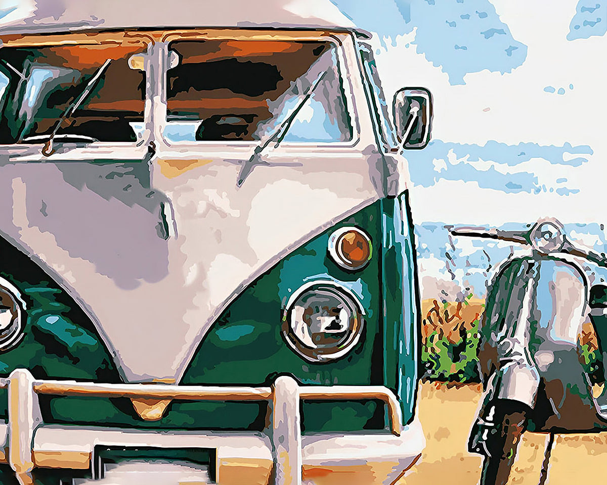 Vintage camper van and scooter cross stitch kit for beginners