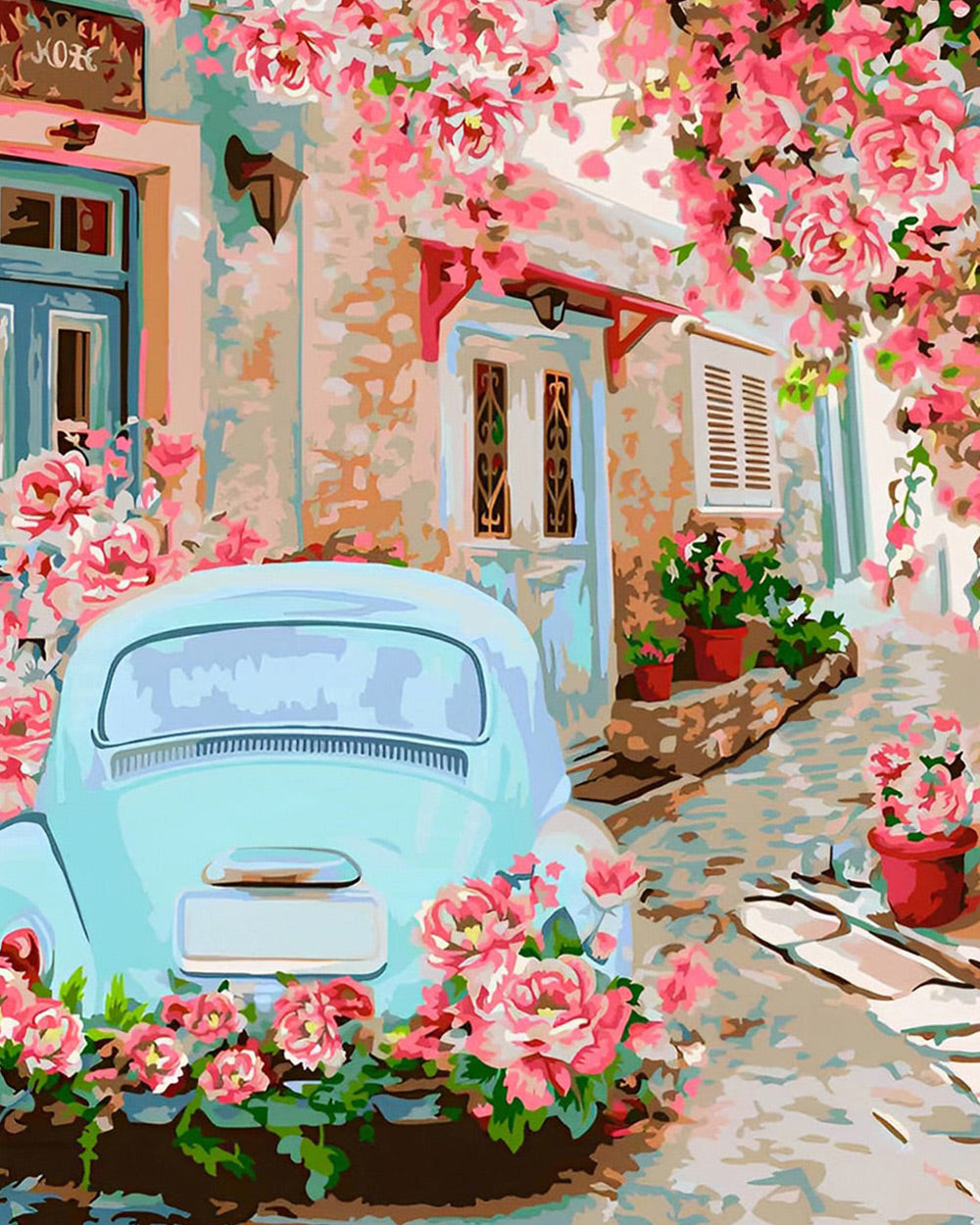 Vintage car in a floral european village cross stitch kit for beginners