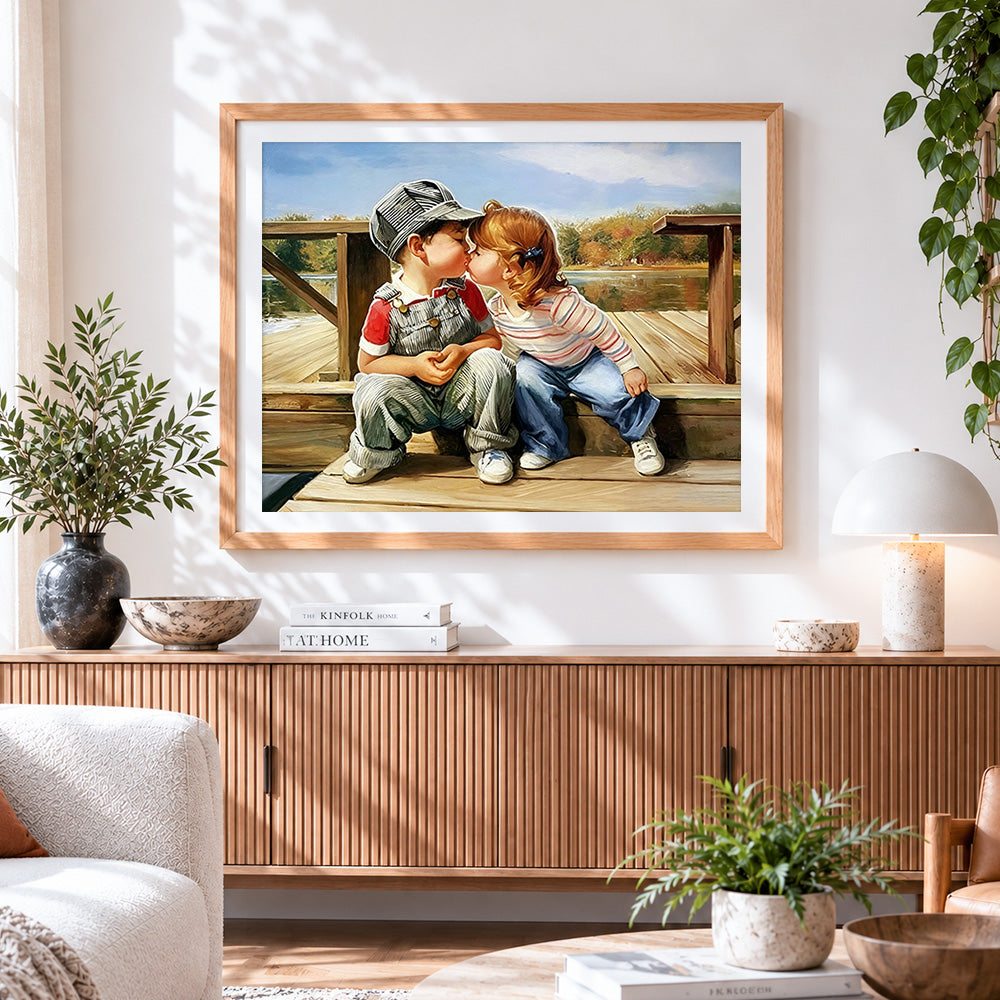 Finished vintage childhood sweethearts cross stitch artwork displayed