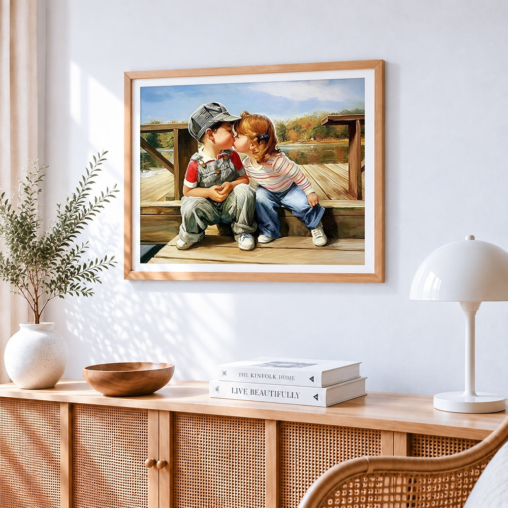Vintage childhood sweethearts paint by numbers artwork displayed on wall as home decor