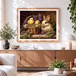 Finished vintage easter basket with bunny cross stitch artwork displayed