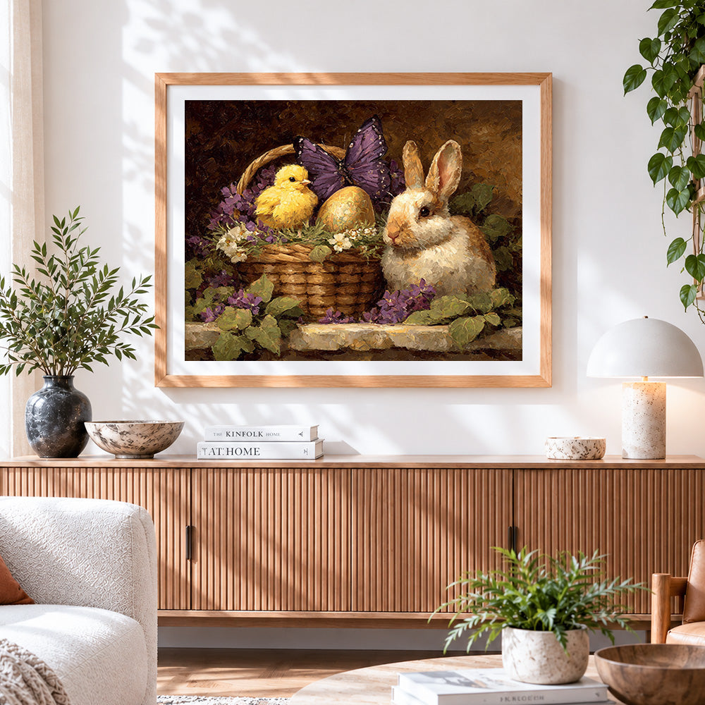 Finished vintage easter basket with bunny cross stitch artwork displayed