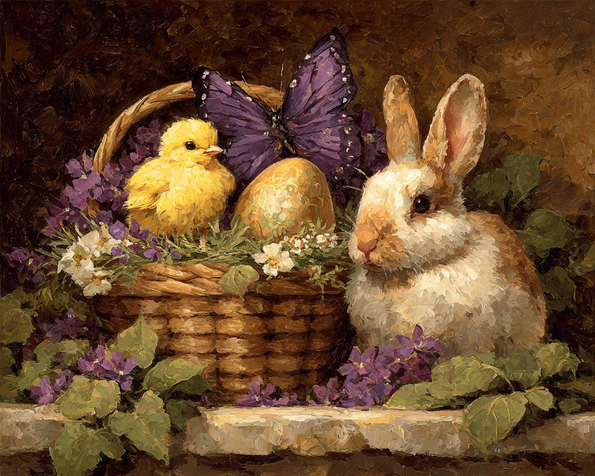 Vintage easter basket with bunny paint by numbers kit for beginners