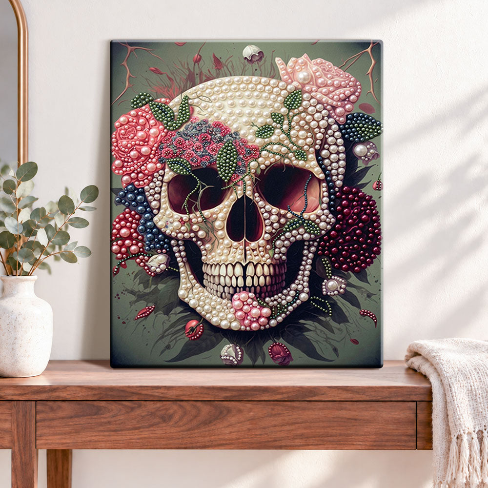 Finished vintage floral skull pearl diamond painting artwork displayed as home decor