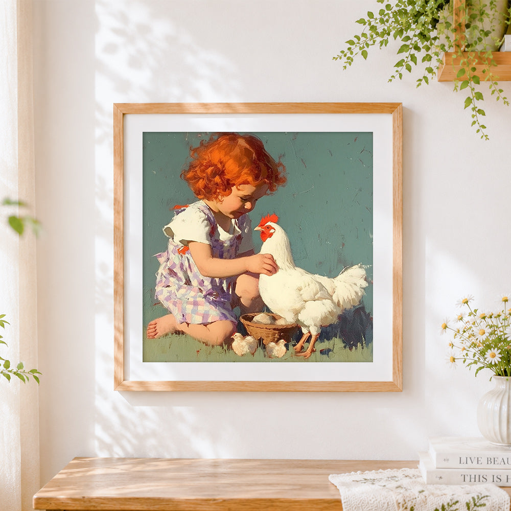 Finished vintage girl feeding a white hen cross stitch artwork displayed