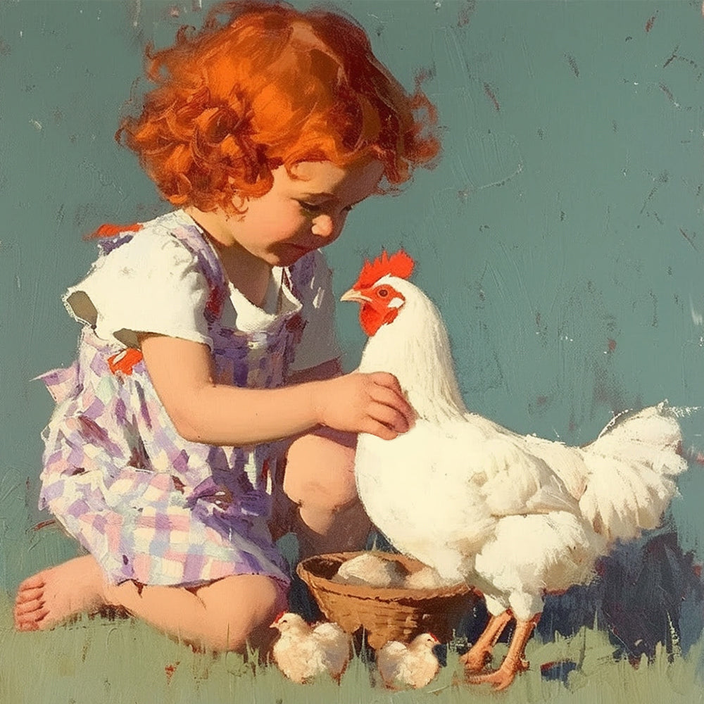 Vintage girl feeding a white hen cross stitch kit for beginners