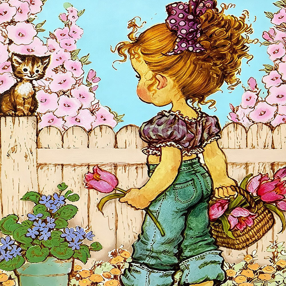 Vintage girl picking flowers cross stitch kit for beginners