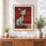 Finished vintage glamour cat cross stitch artwork displayed