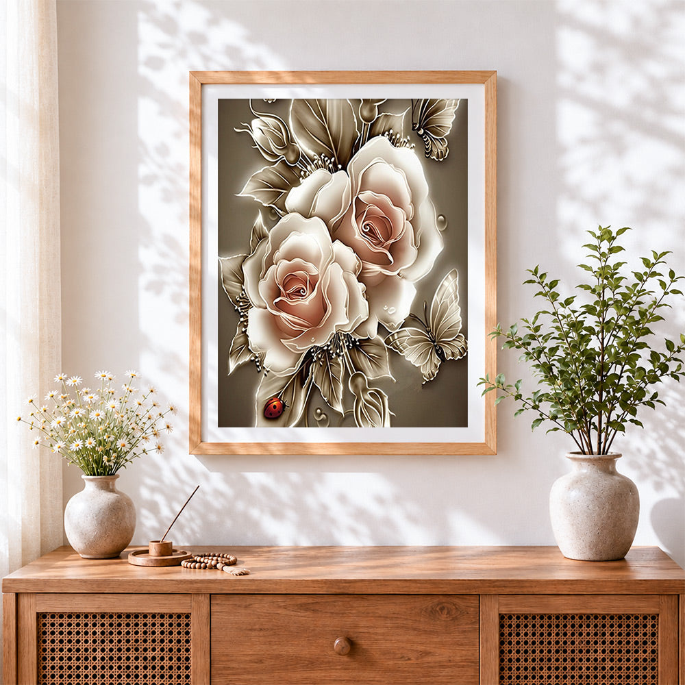 Finished vintage glowing roses cross stitch artwork displayed