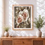 Finished vintage glowing roses cross stitch artwork displayed