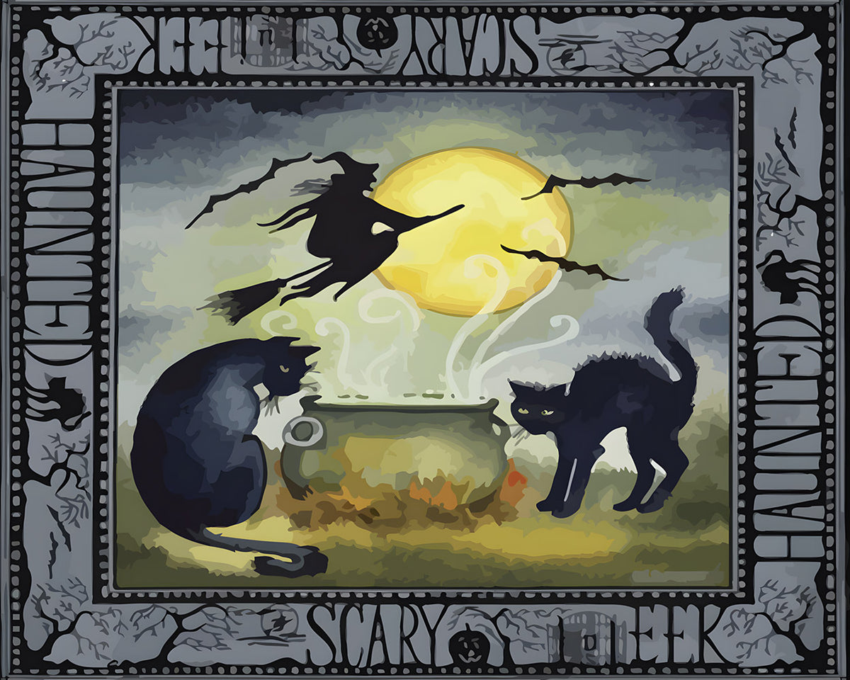 Vintage haunted halloween cauldron with black cats cross stitch kit for beginners