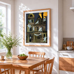 Vintage haunted house with ghosts cross stitch artwork displayed on wall as home decor