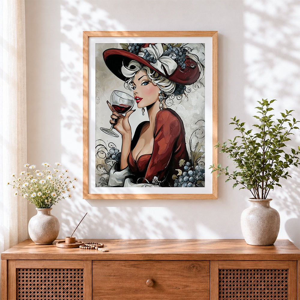 Finished vintage lady with wine glass cross stitch artwork displayed
