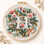 Vintage leaf blooms and letter h embroidery kit