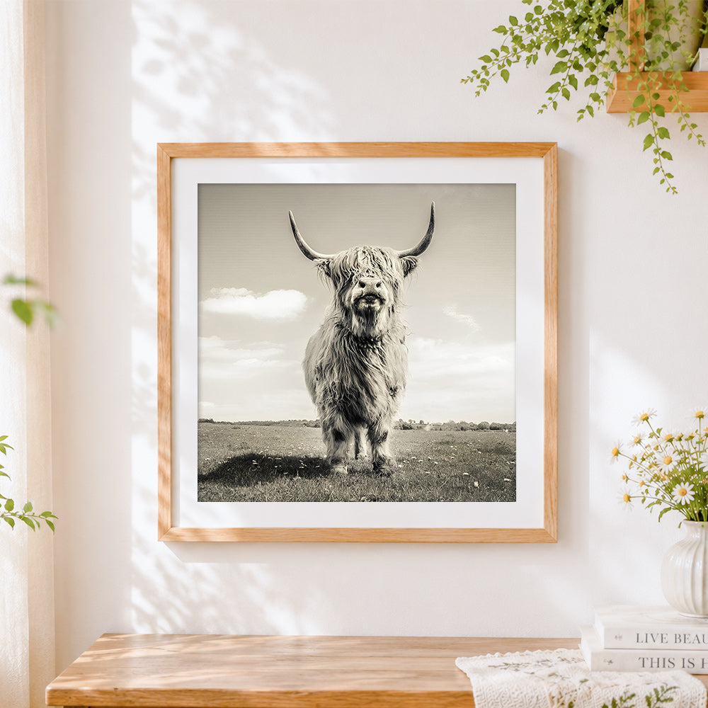 Finished vintage monochrome highland cow cross stitch artwork displayed