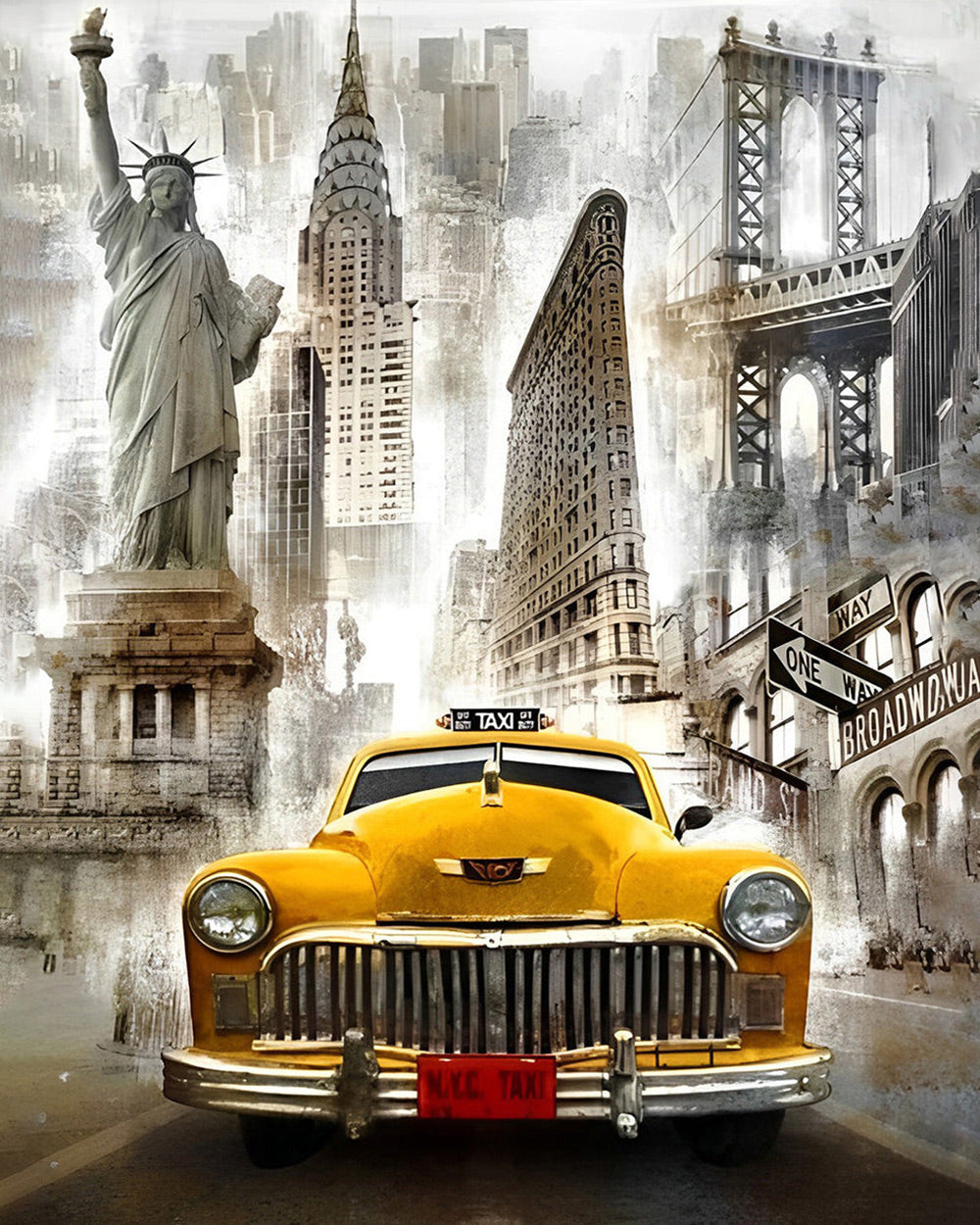 Vintage nyc yellow taxi and landmarks cross stitch kit for beginners
