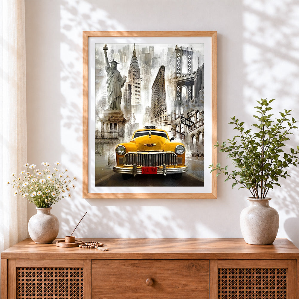 Finished vintage nyc yellow taxi and landmarks paint by numbers artwork displayed as home decor
